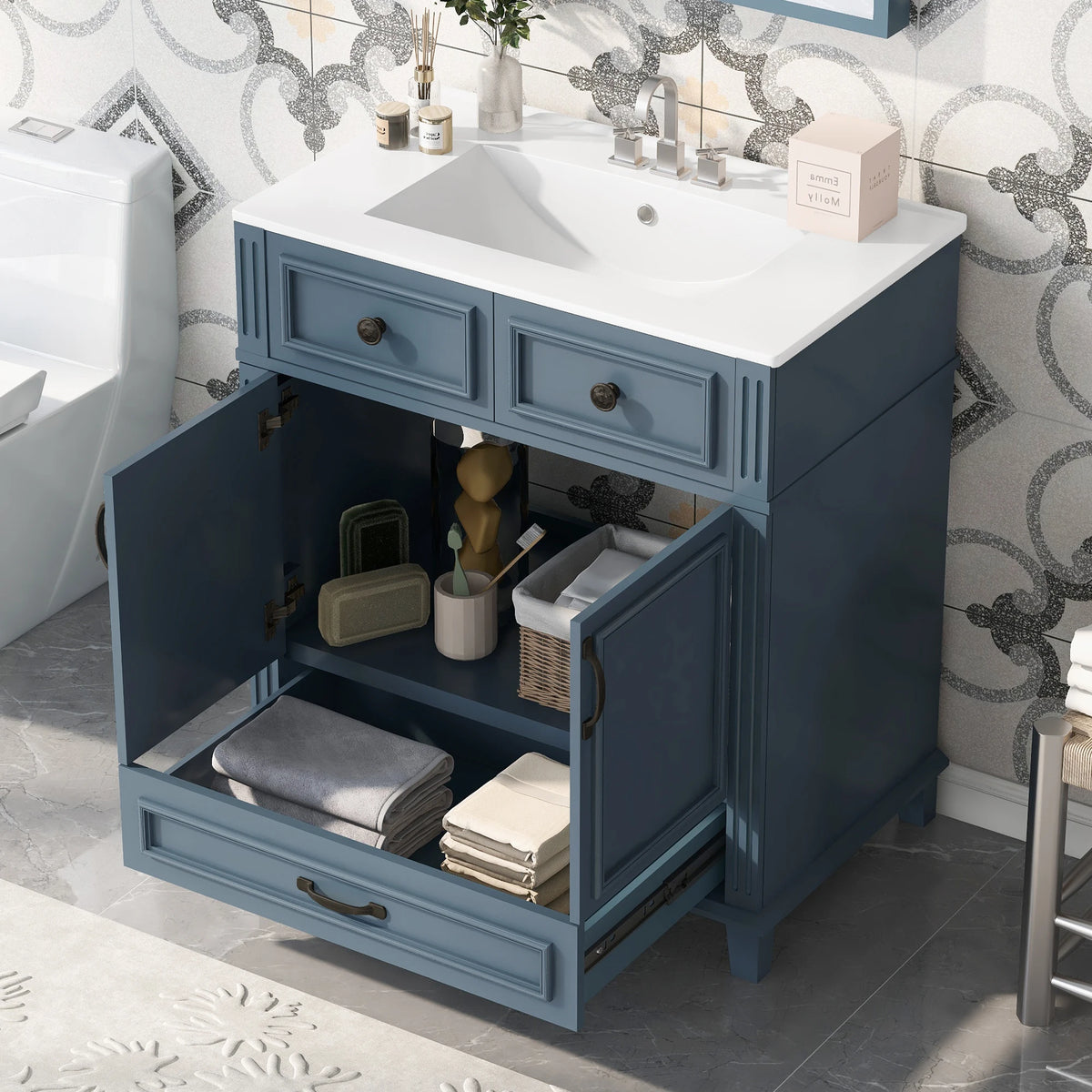 Solid Wood Bathroom Vanity With Ceramic Sink Soft Close Storage