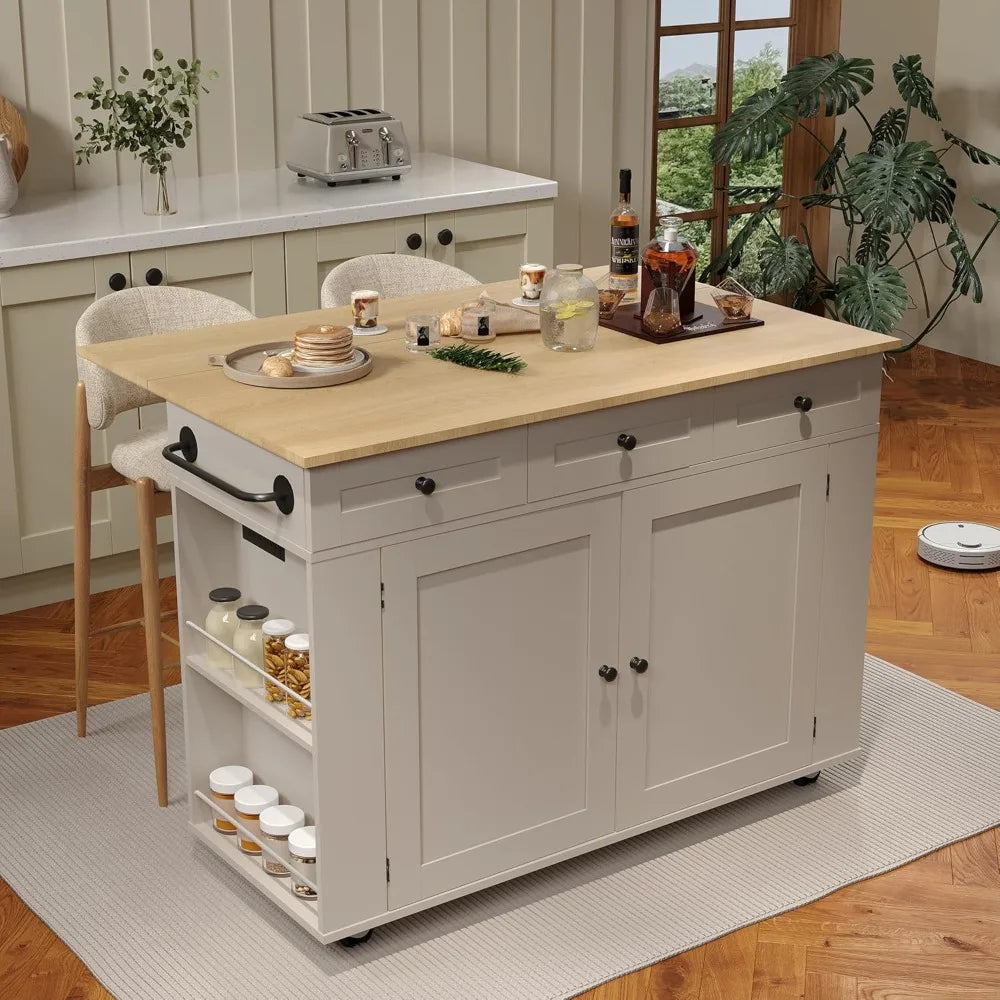 Rolling Kitchen Cart With Wood Top And Storage Cabinet