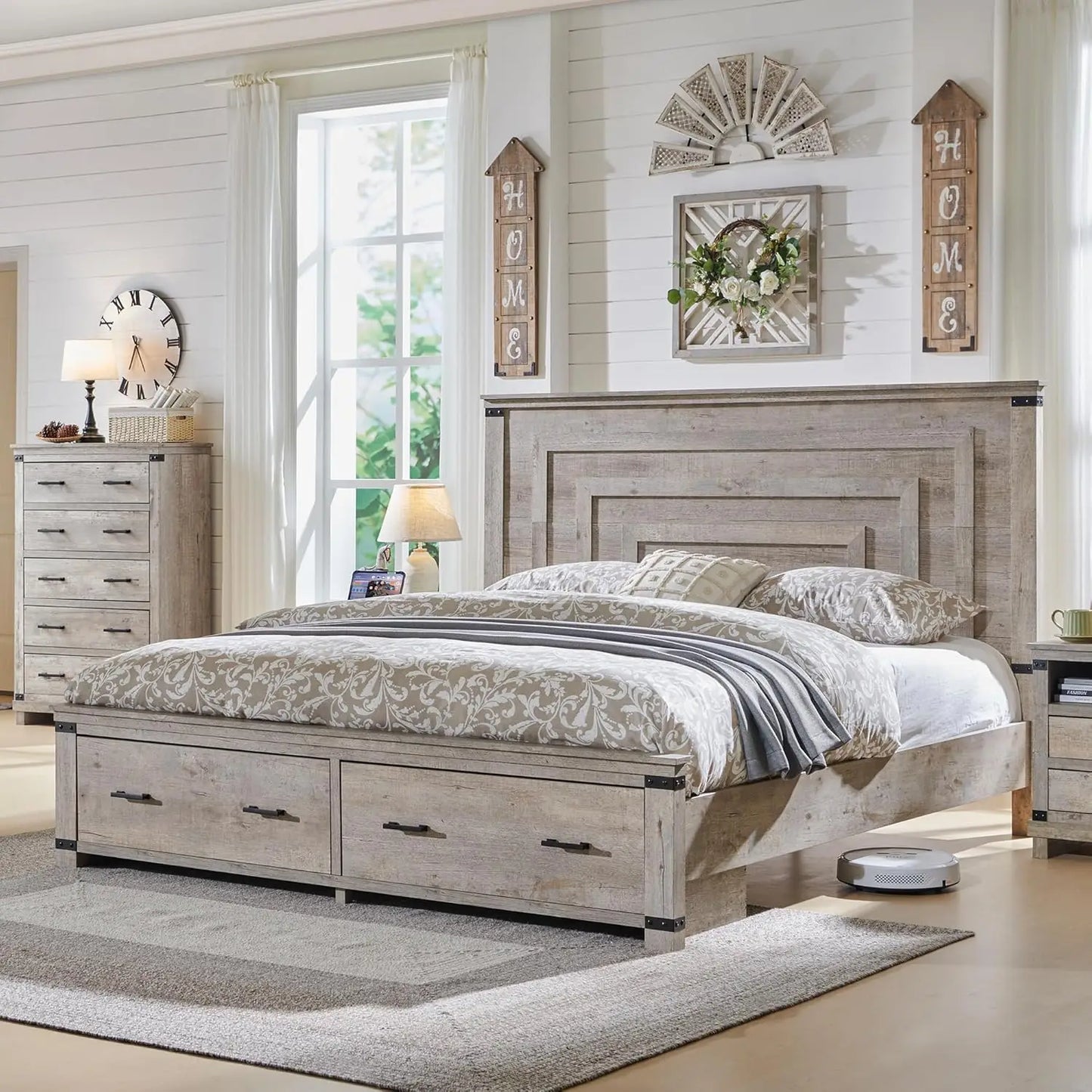 Farmhouse Wood Bed Frame With Geometric Headboard And Storage Drawers