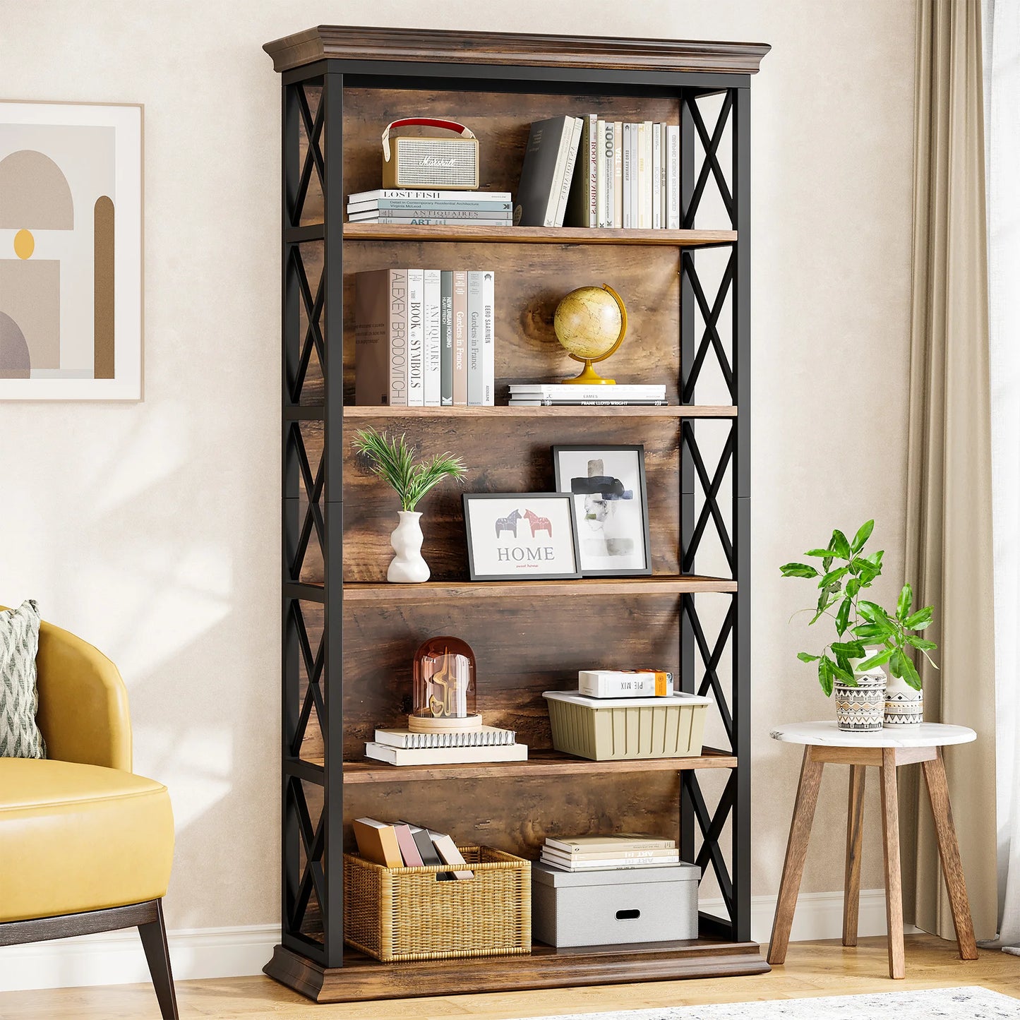 Tribesigns Industrial 5 Shelf Bookcase Wood Floor Standing Storage