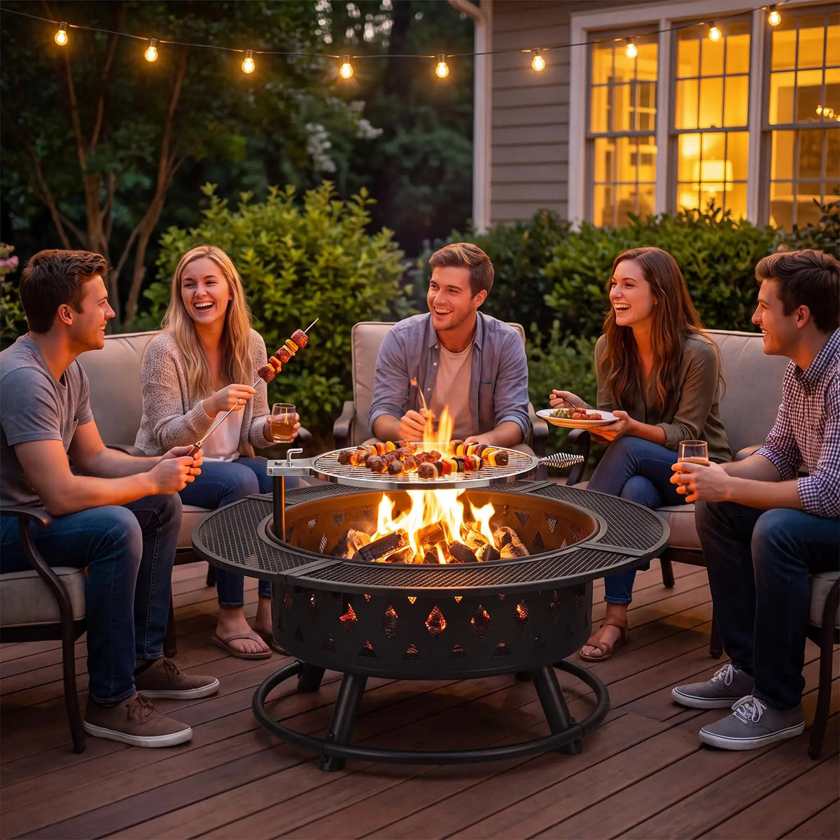 HiMISS Wood Burning Fire Pit With Grill And Mesh Guard