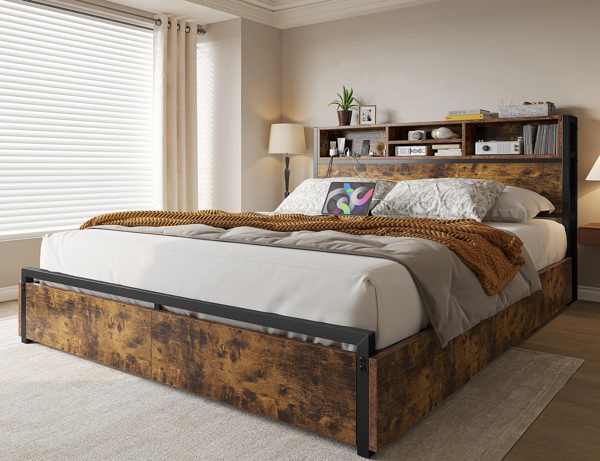 EnHomee Metal Bed Frame With Storage Drawers And Charging Station