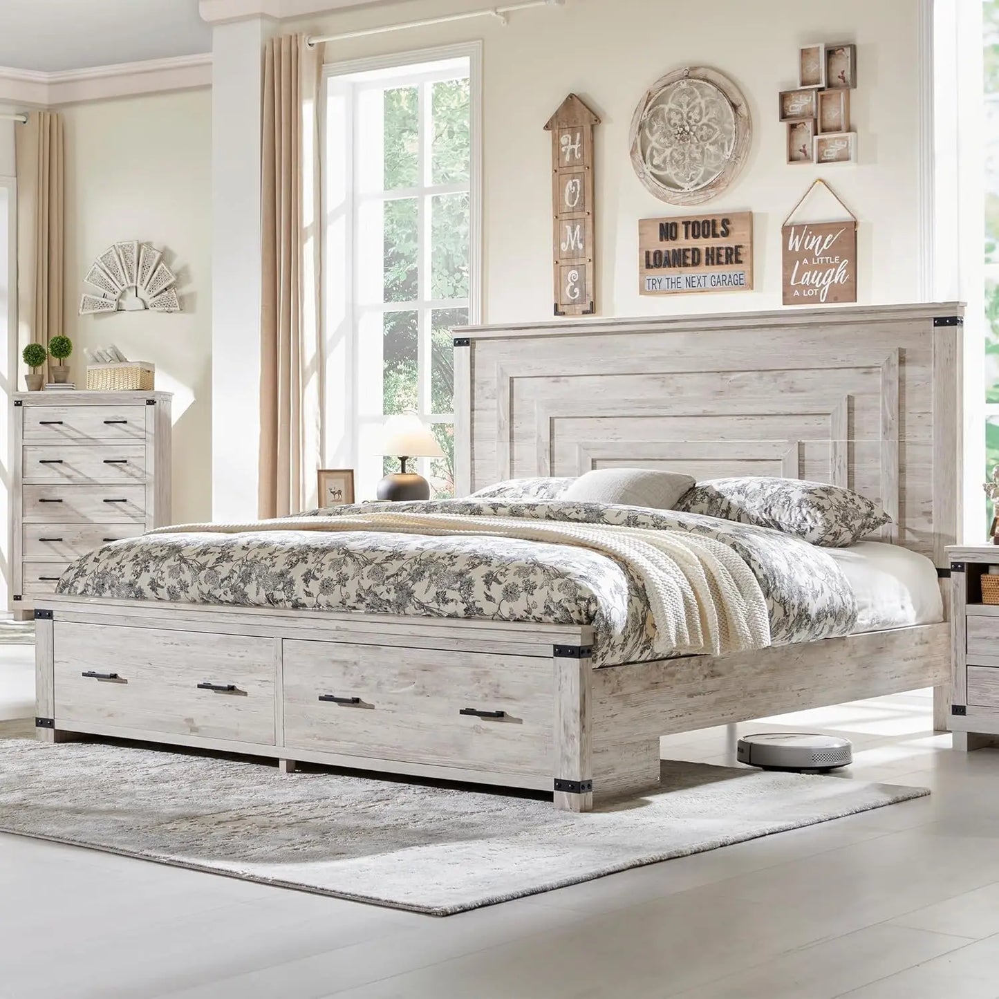 Farmhouse Wood Bed Frame With Geometric Headboard And Storage Drawers