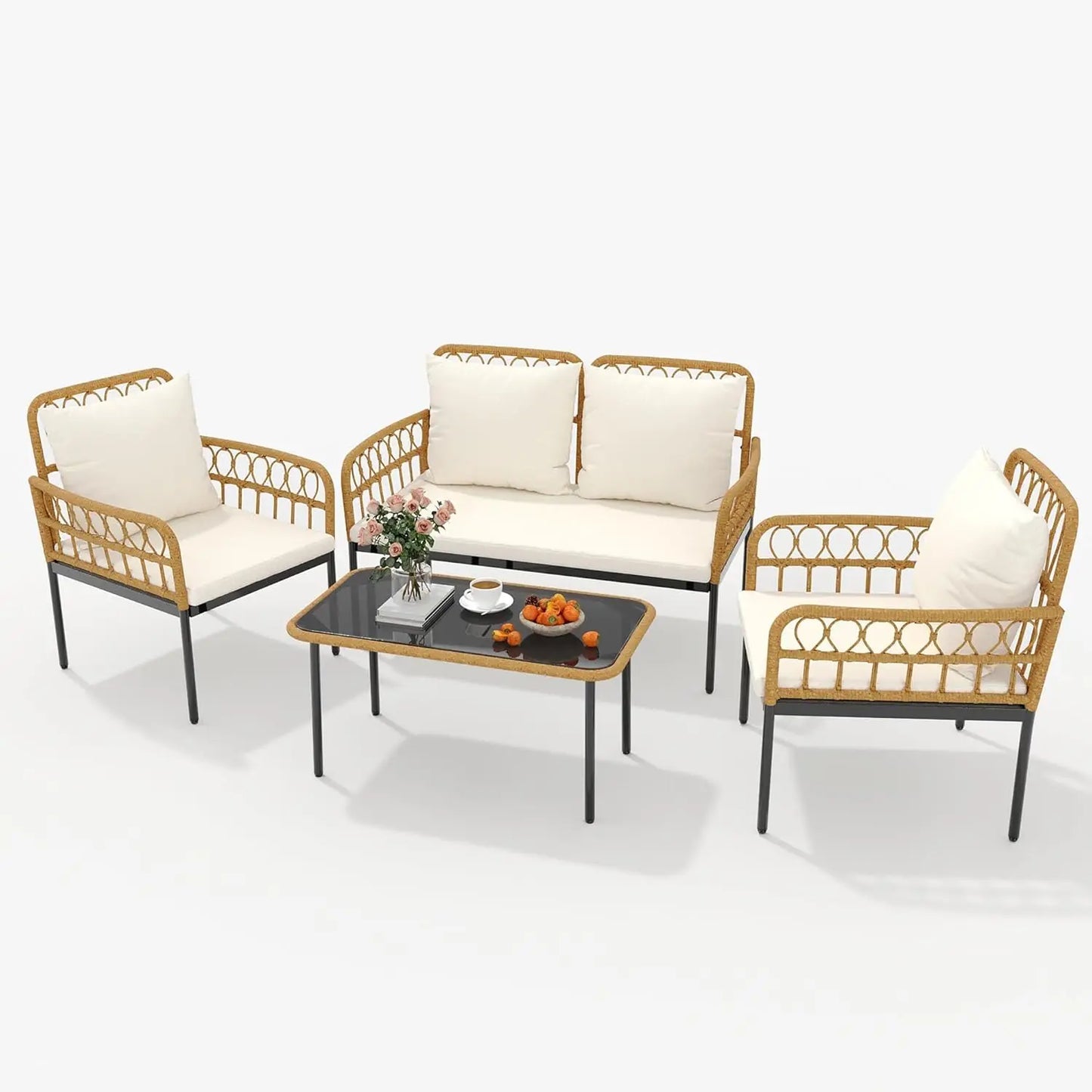 HiMISS 4-Piece Rattan Patio Set With Glass Table Outdoor