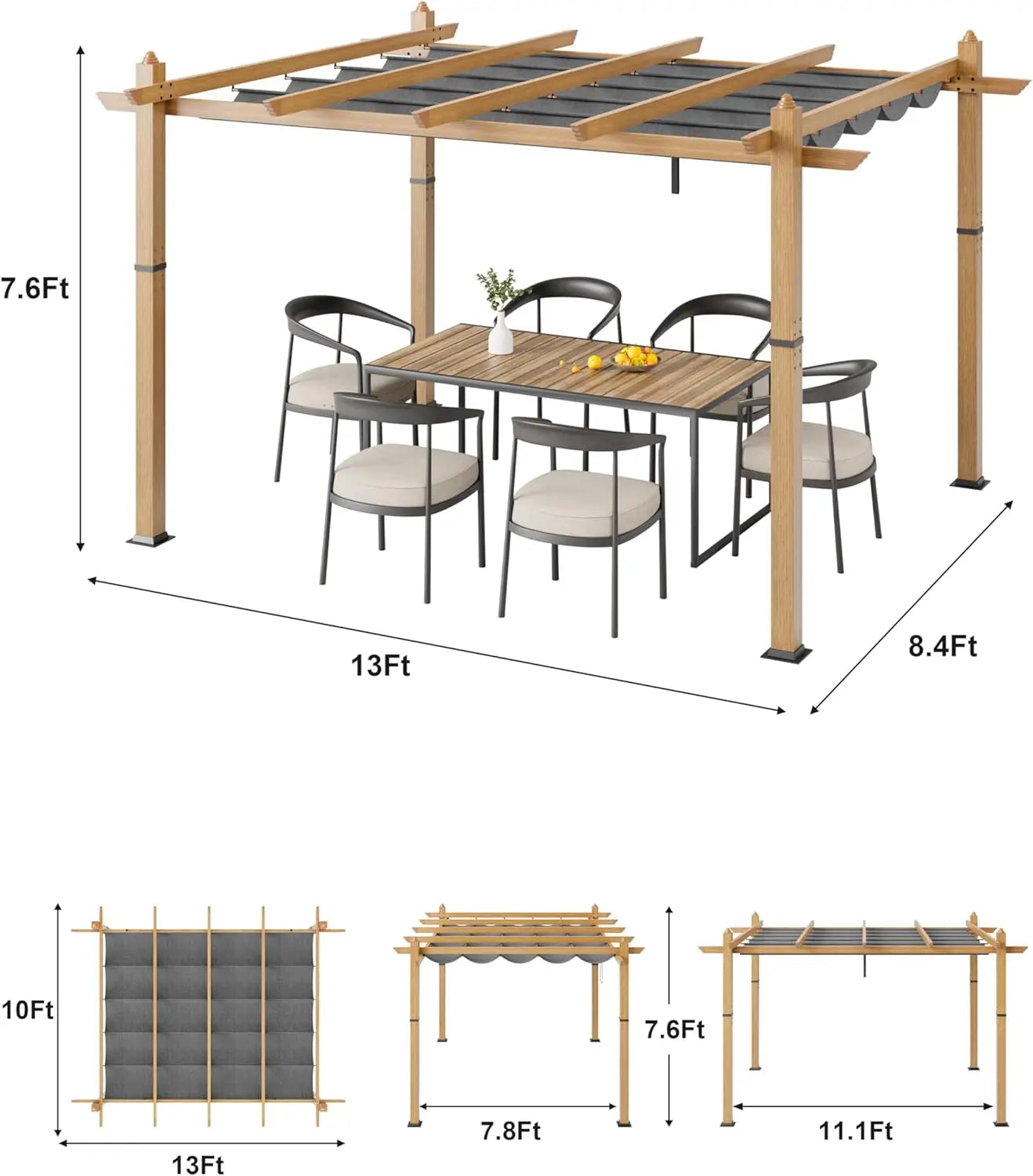 HiMISS Outdoor Pergola With Retractable Canopy Faux Wood Gazebo
