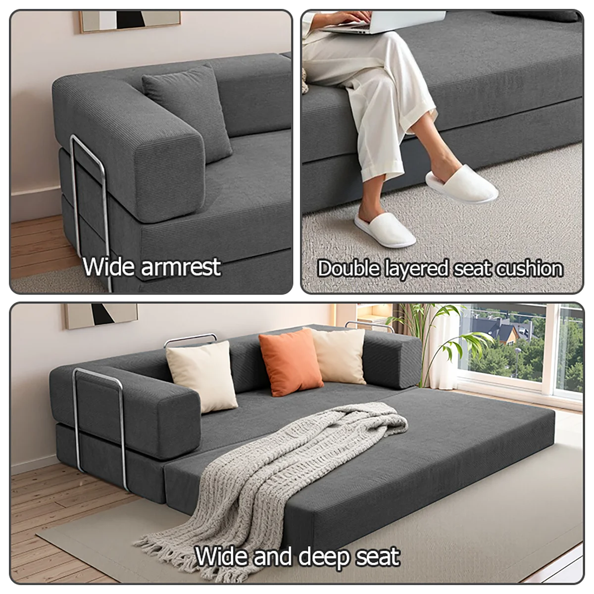 Foldable Sofa Bed With Removable Backrest Two Seater Living Room