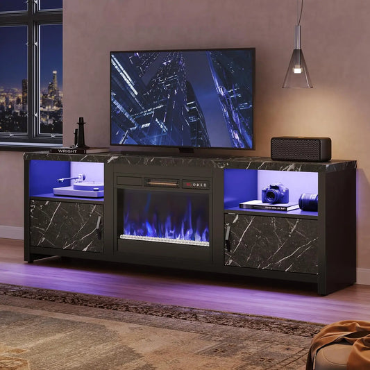 Electric Fireplace TV Stand With LED Lights And Storage Cabinets