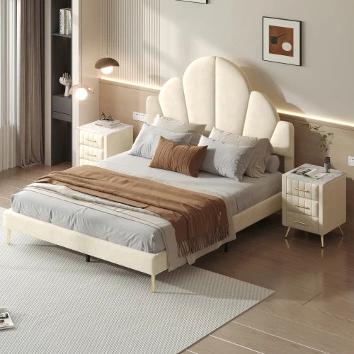 Velvet Upholstered Bed Frame 3 Piece Bedroom Set Petal Headboard