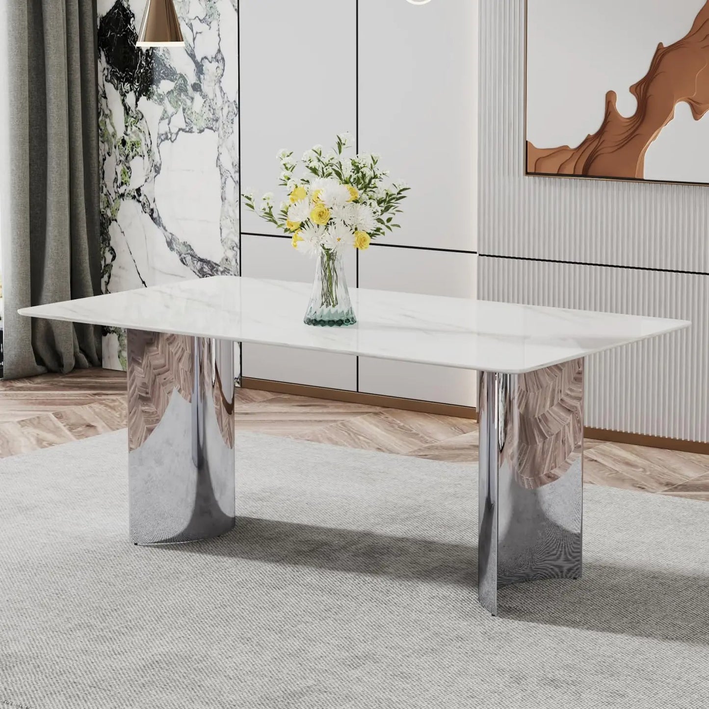Sintered Stone Dining Table With Marble Top Carbon Steel Base
