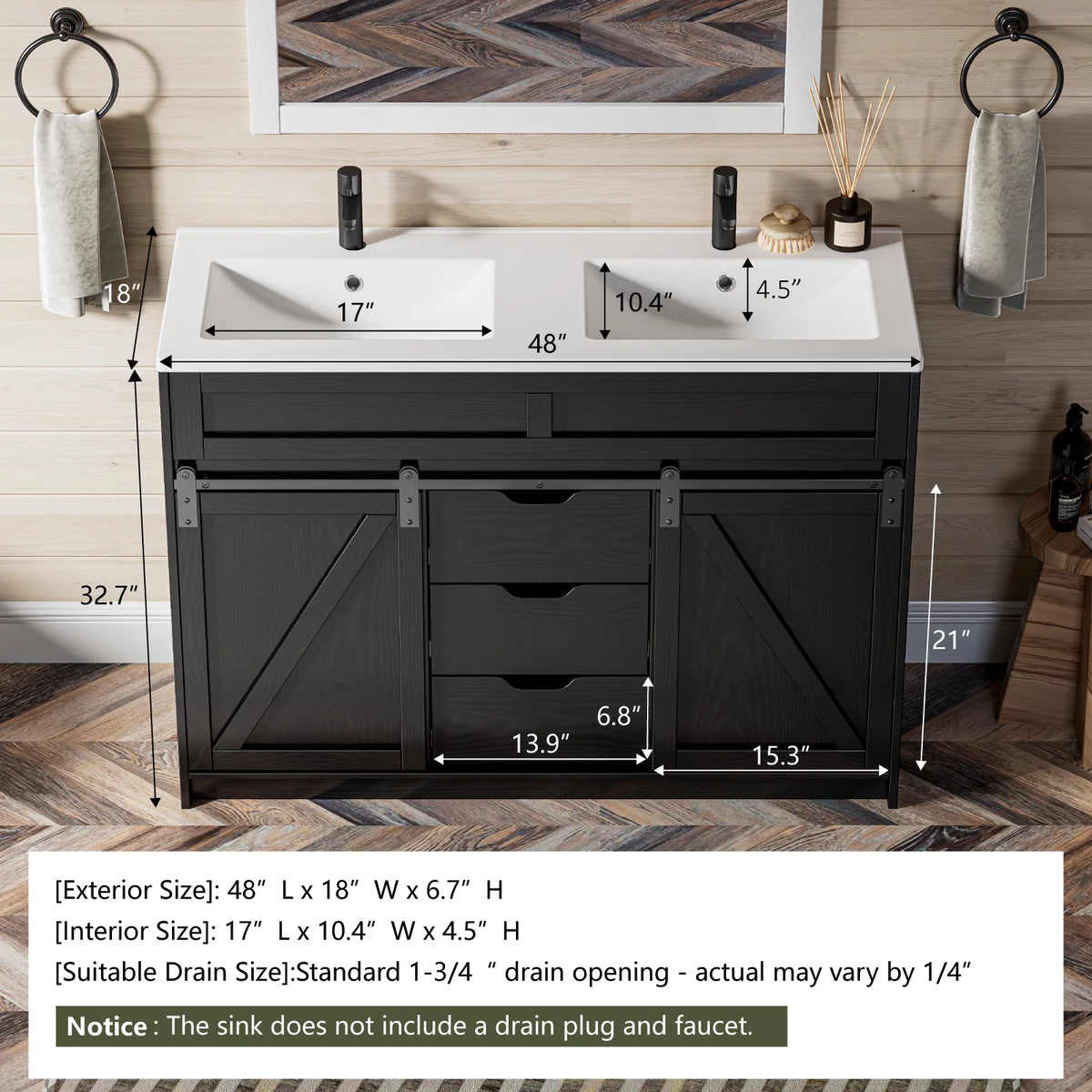 EVOKEDEN Farmhouse Bathroom Vanity With Sink Barn Doors Drawers