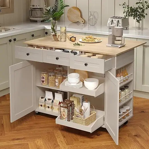 Rolling Kitchen Cart With Wood Top And Storage Cabinet