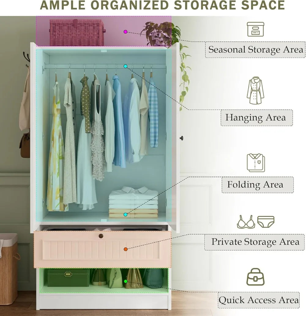 Wood Armoire Wardrobe Closet With Mirror Door And Drawer