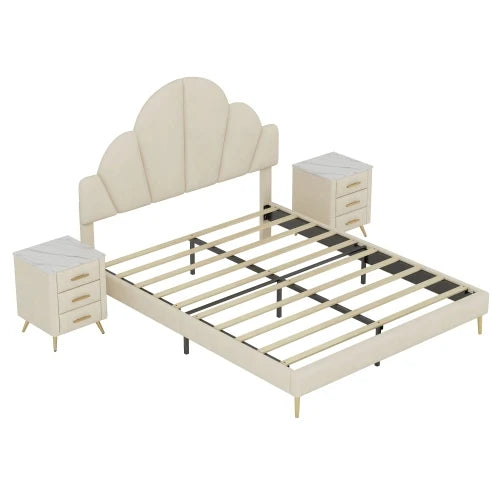 Velvet Upholstered Bed Frame 3 Piece Bedroom Set Petal Headboard