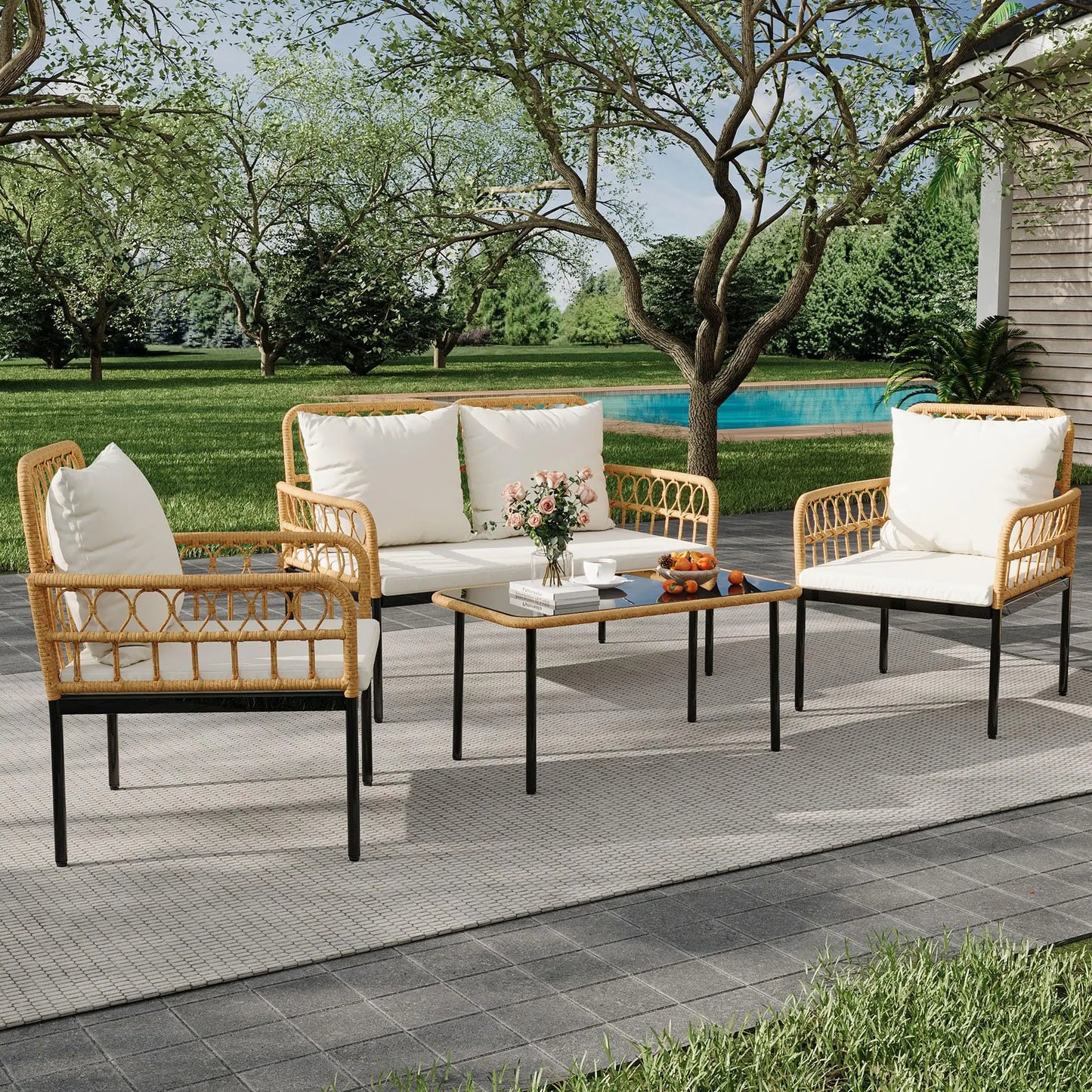 HiMISS 4-Piece Rattan Patio Set With Glass Table Outdoor