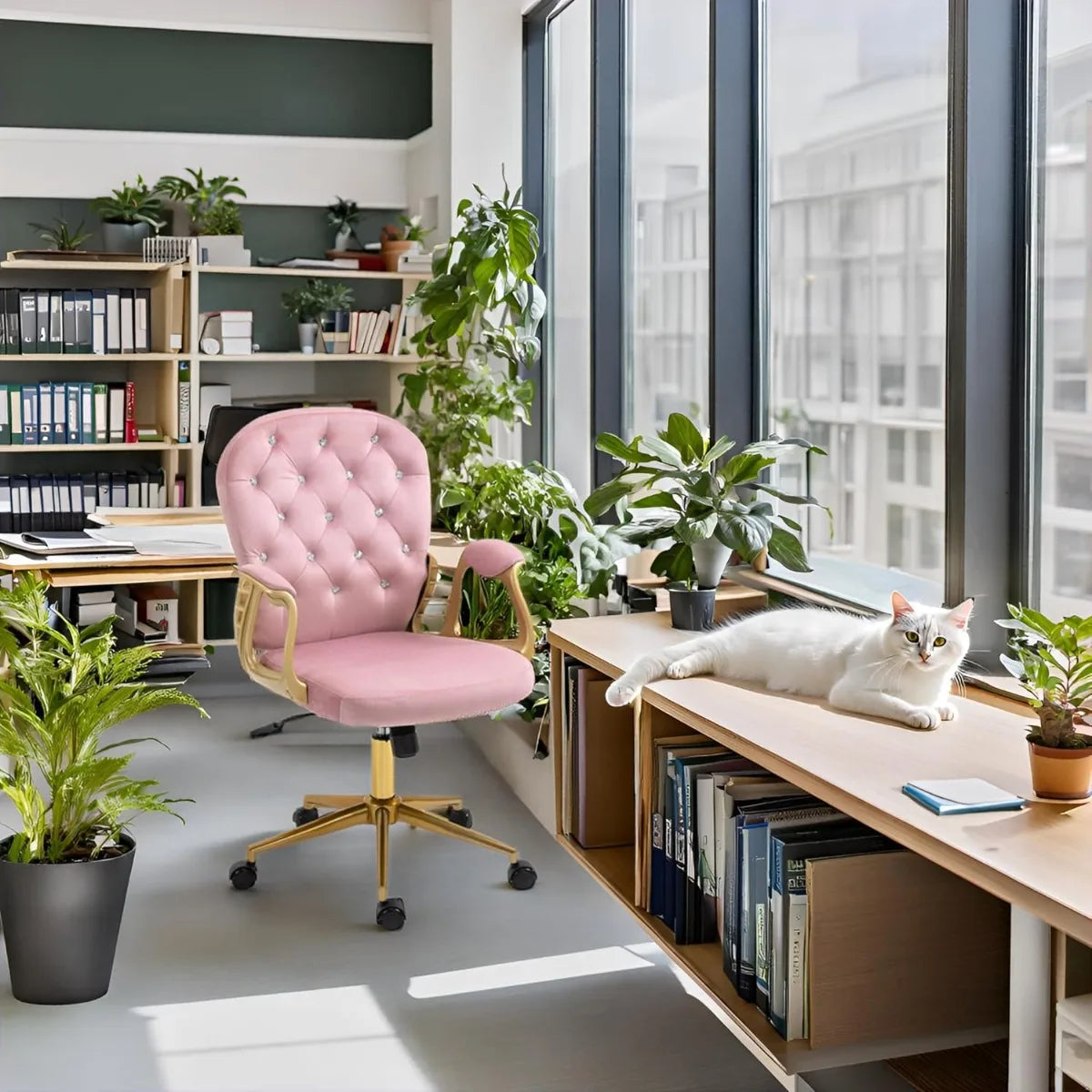 Aplus Velvet Office Chair With Metal Legs Tufted Arms Swivel