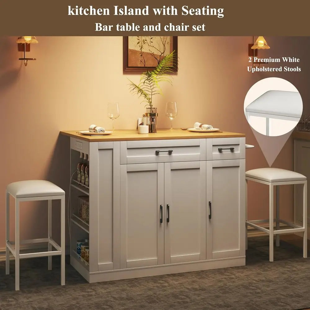 Rolling Kitchen Island With Storage Cabinets And Drop Leaf Seating