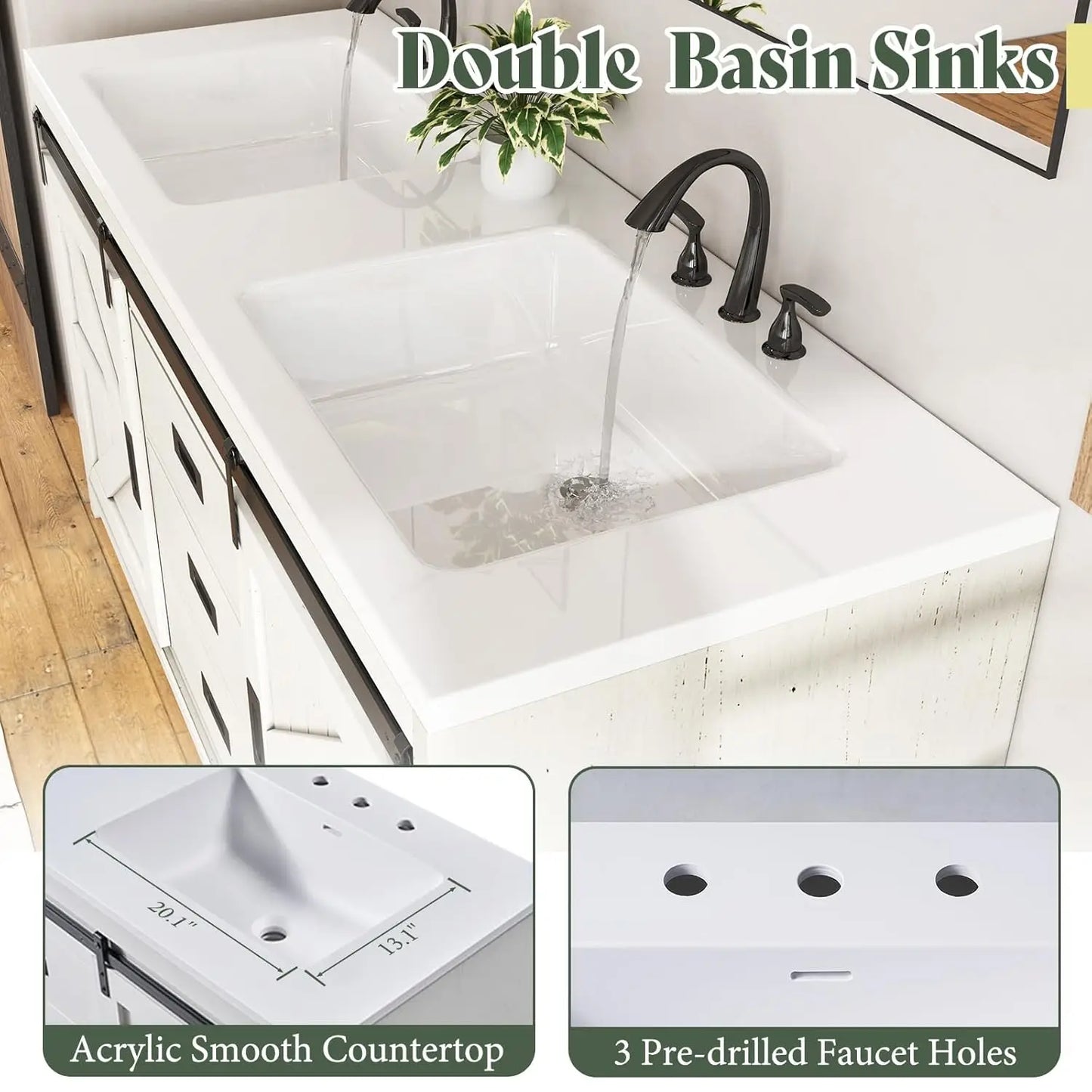 GUANGBAI Farmhouse Sliding Barn Door Double Vanity With Integrated Sink