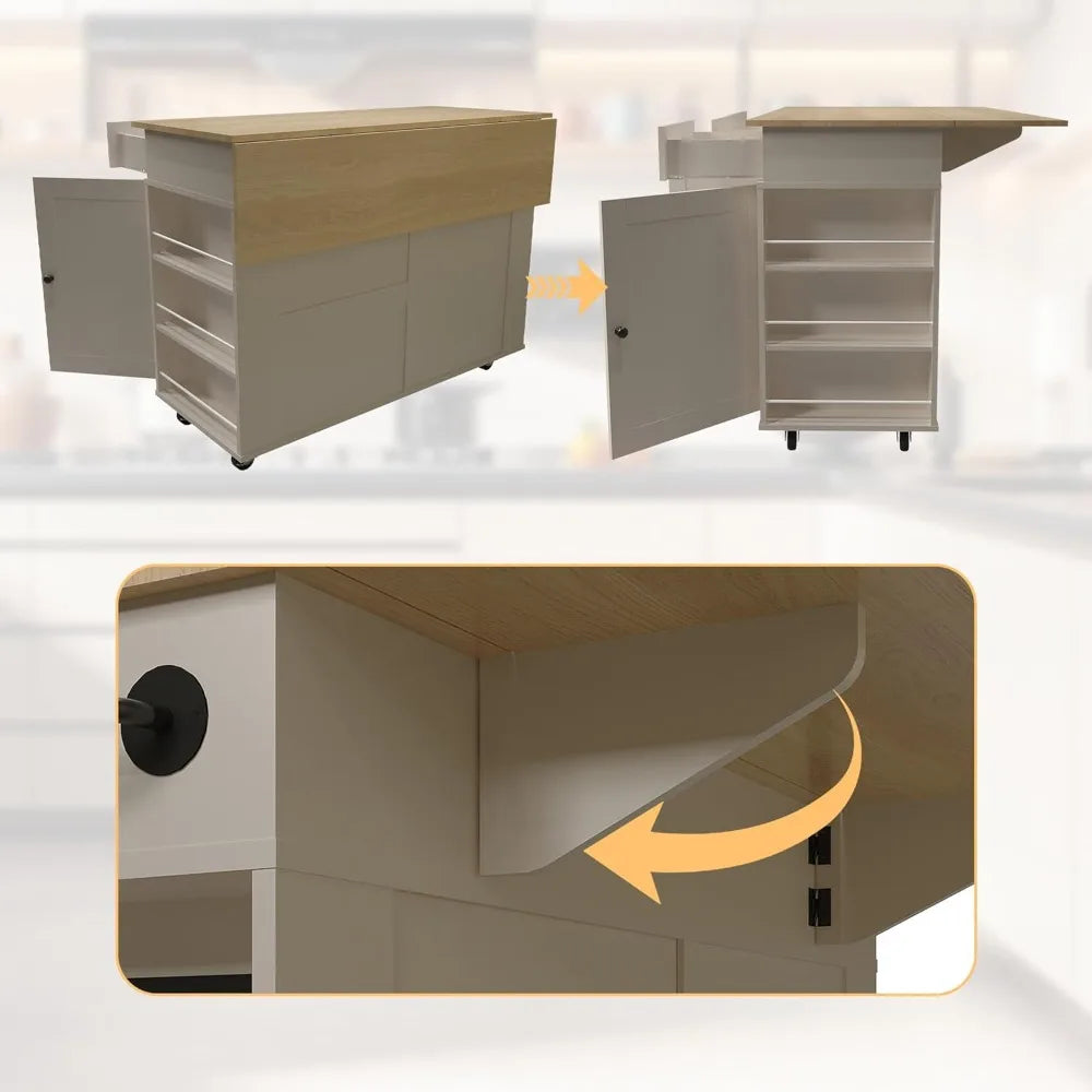 Rolling Kitchen Cart With Wood Top And Storage Cabinet