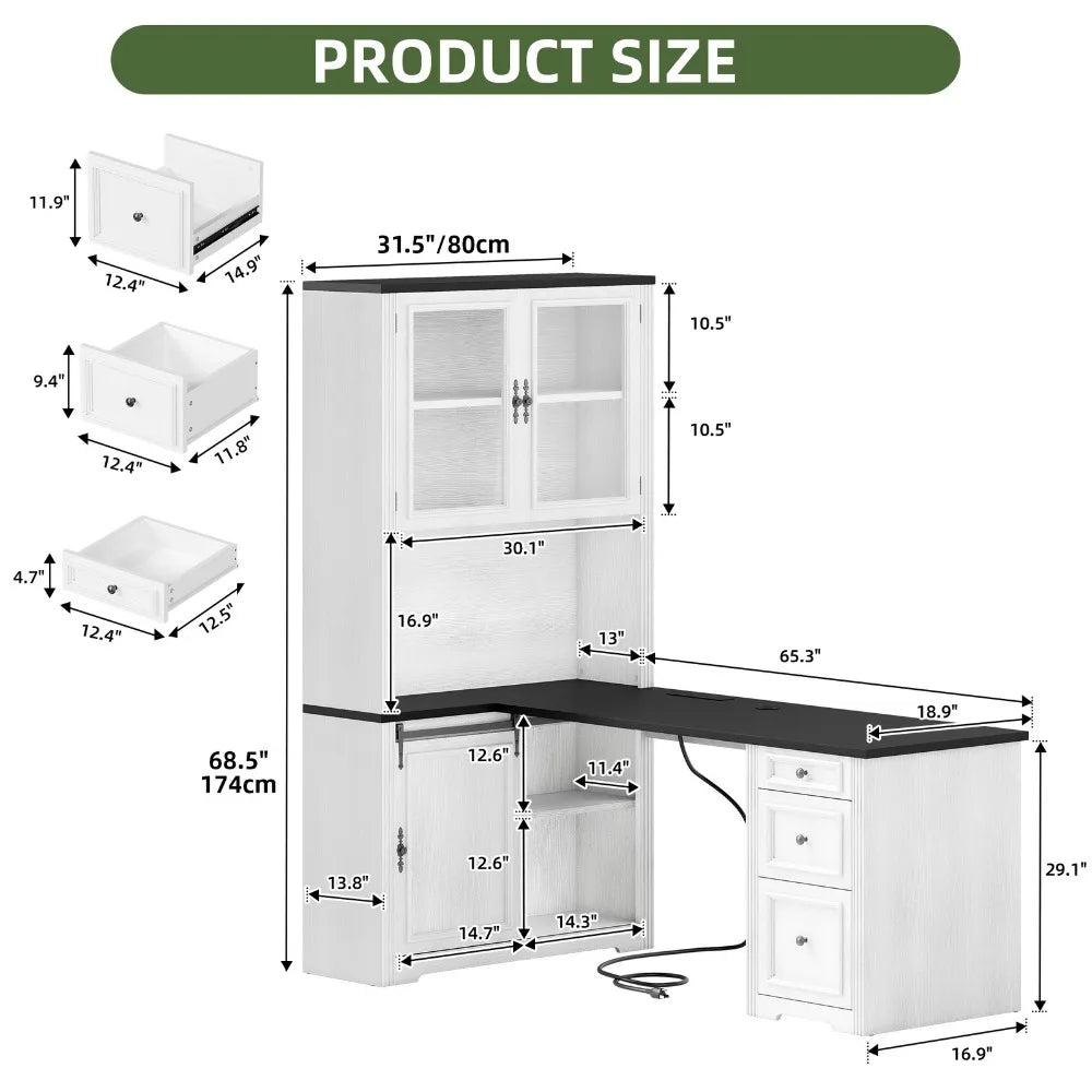 L Shaped Executive Desk With Hutch Drawers And Power Outlet