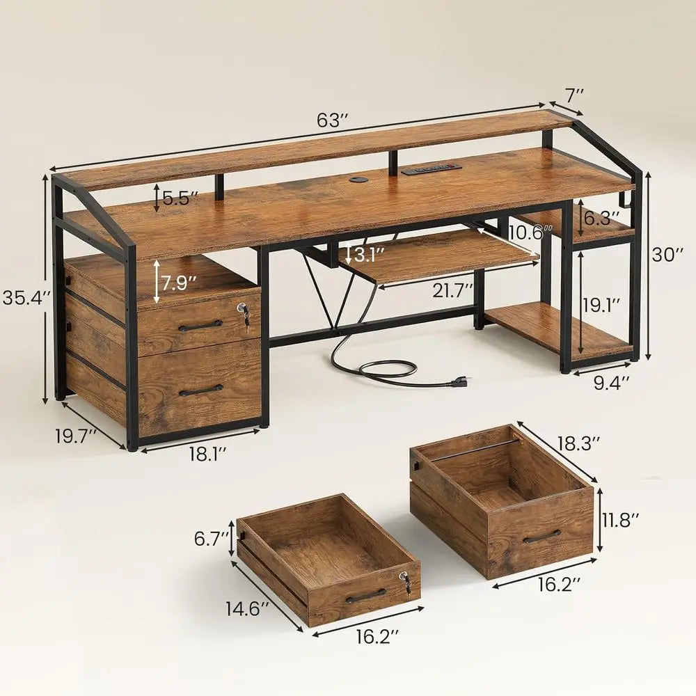 Office Desk With Lockable Drawers LED Lighting Power Outlet