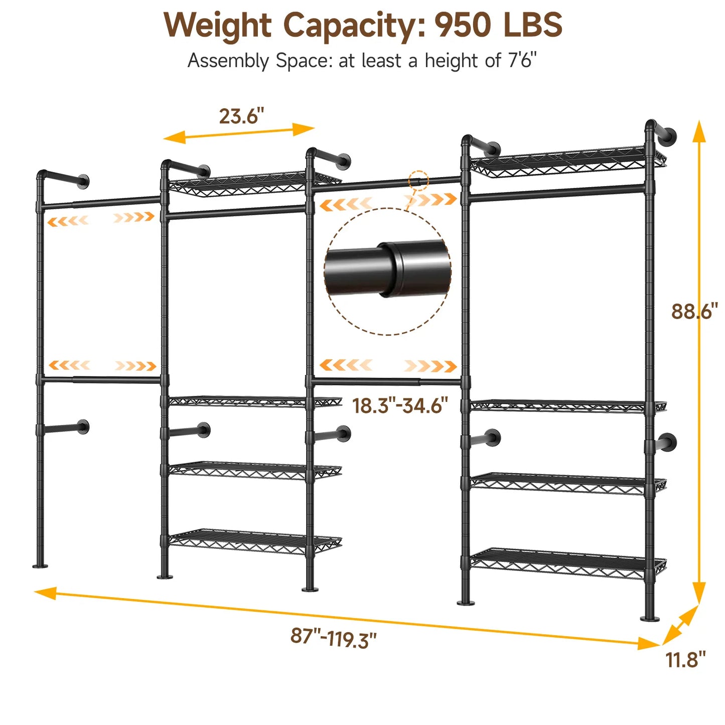 L4 Wall Mounted Industrial Pipe Clothes Rack Closet Organizer Expandable
