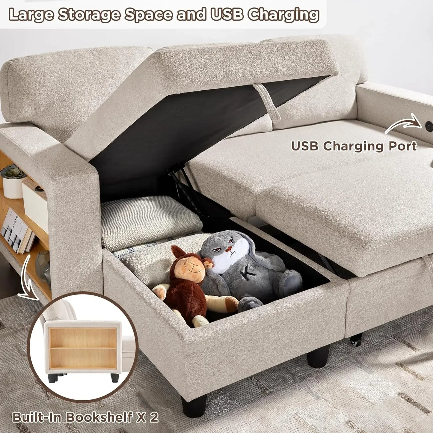 L Shaped Convertible Sleeper Sofa Bed With Storage Bookshelves USB