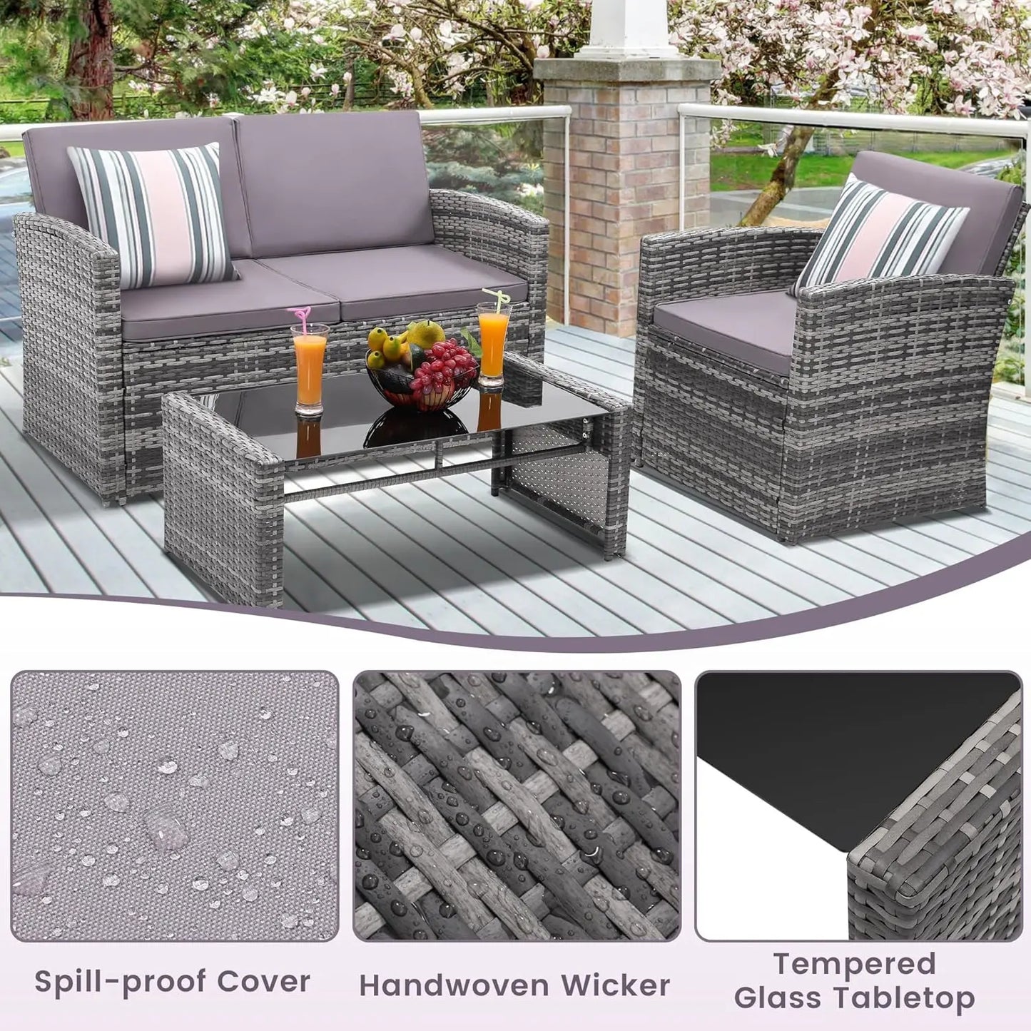 Outdoor 4 Piece Patio Conversation Set Rattan Sectional Sofa Cushioned