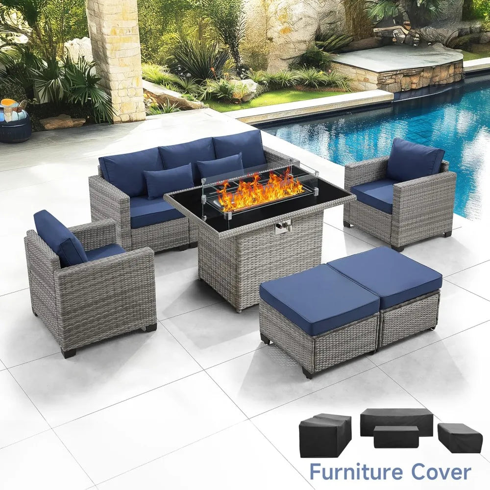 Outdoor PE Rattan Patio Set With Fire Pit Table