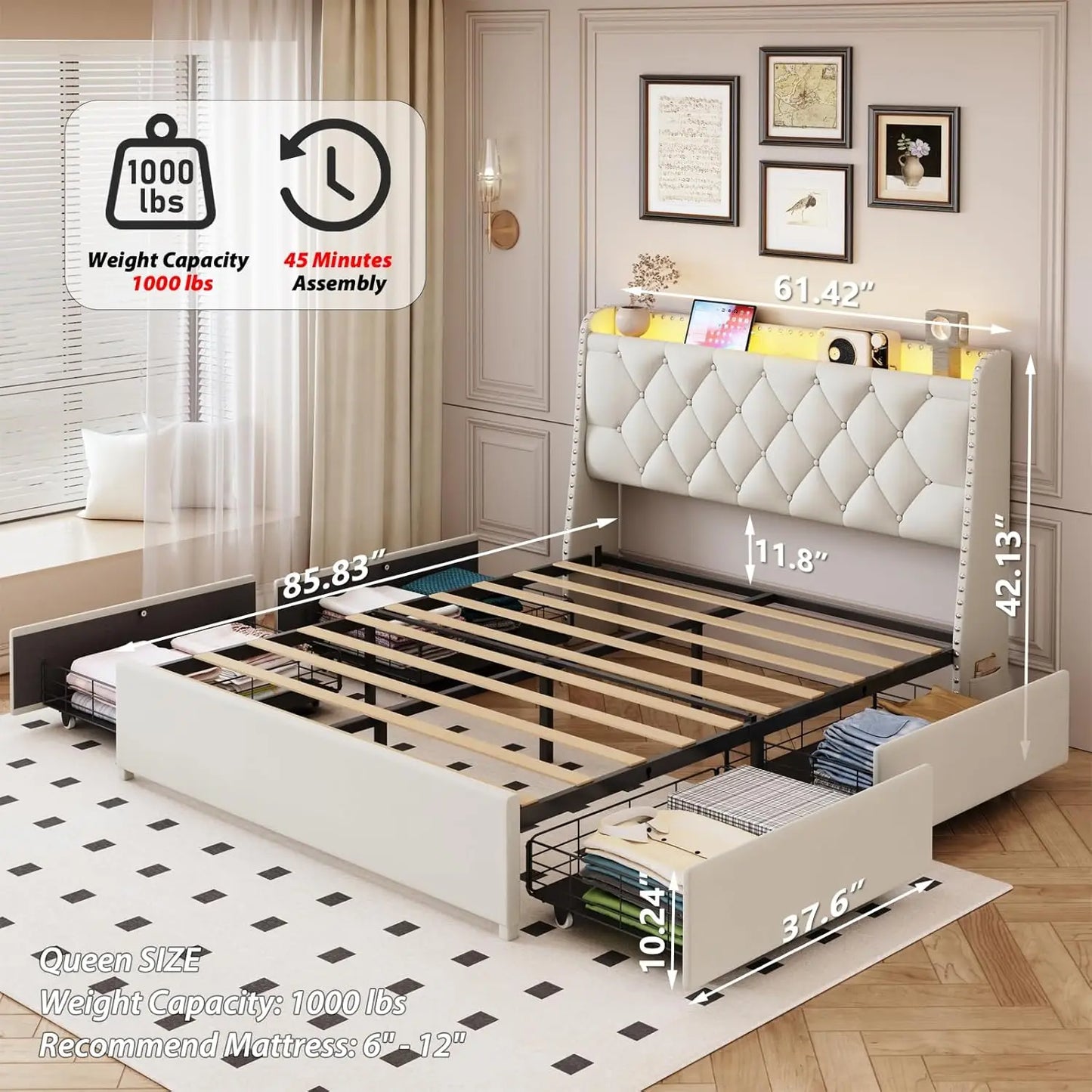 Platform Bed Frame With Storage Headboard And USB Charging