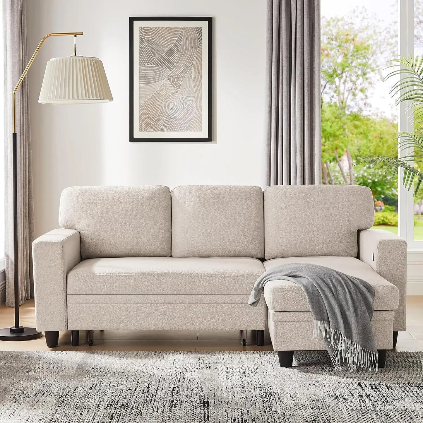 L Shaped Convertible Sleeper Sofa Bed With Storage Bookshelves USB
