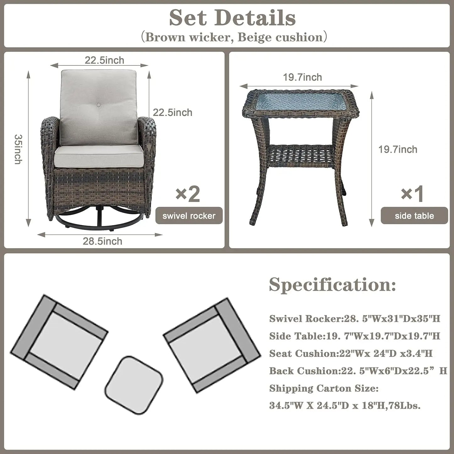 Patio Swivel Rocker Chairs Set Of 2 With Side Table