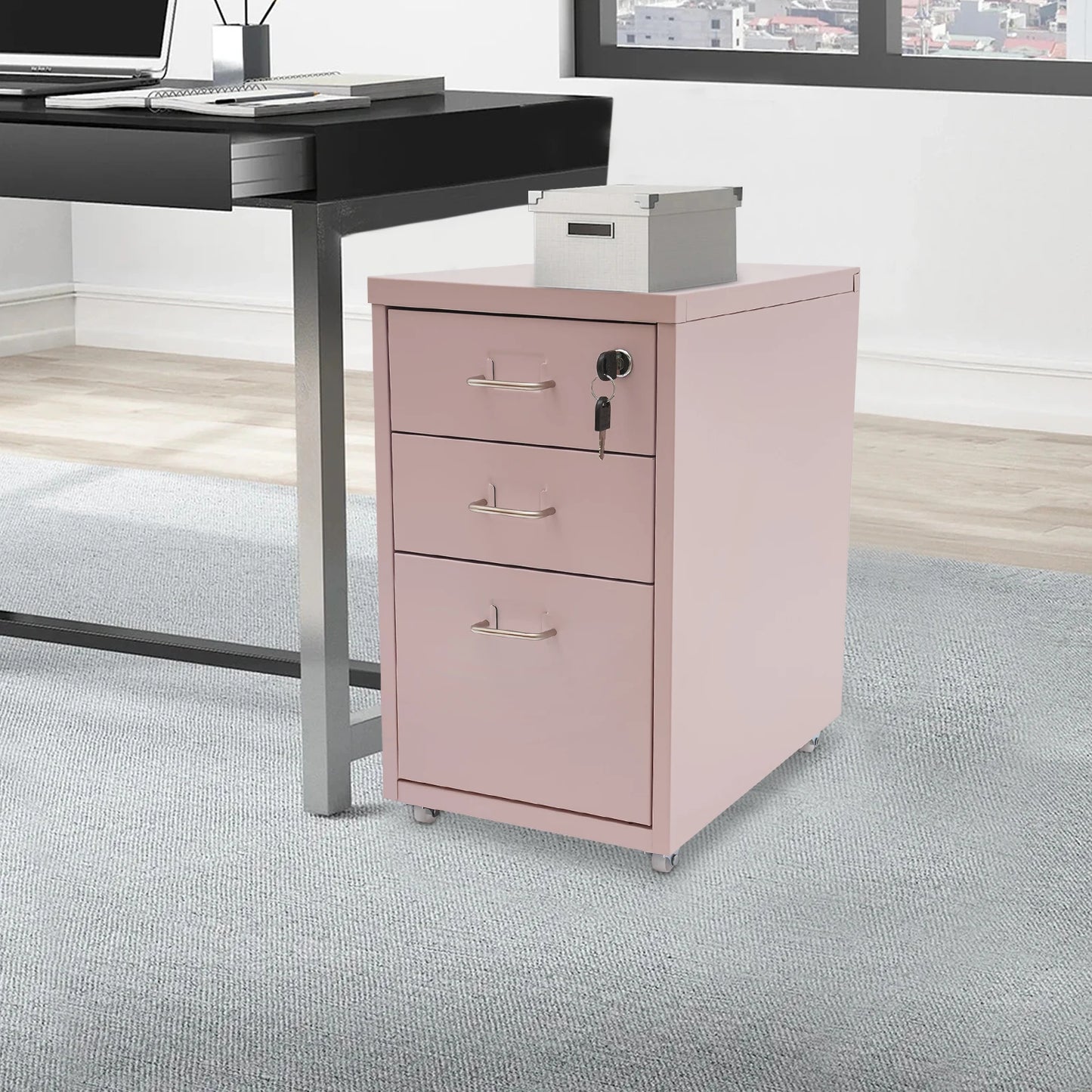 Bymaocar Metal File Cabinet With Wheels Three Drawer Rolling Office And Home Organizer