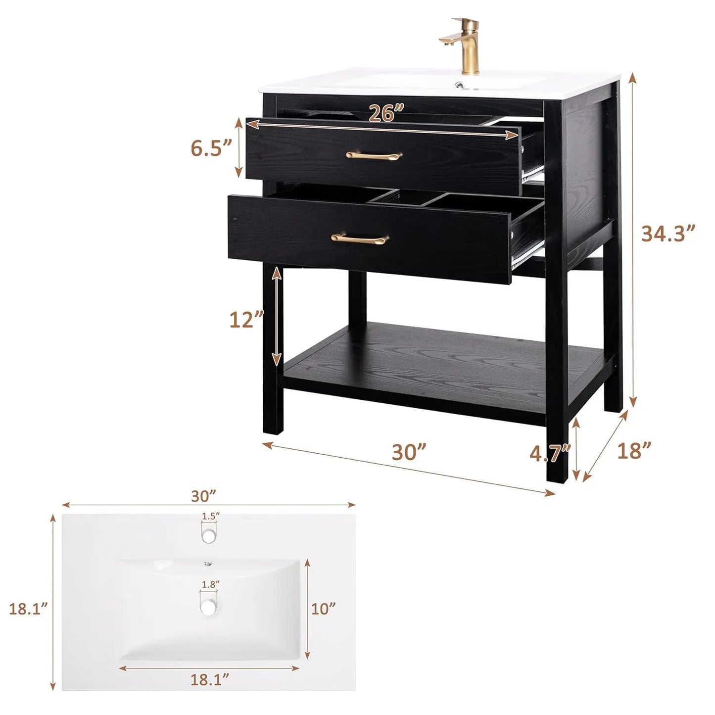 Farmhouse Freestanding Bathroom Vanity With Sink Oak Cabinet Drawers