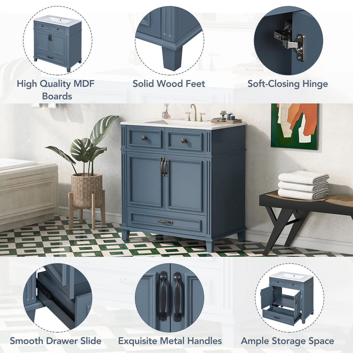 Solid Wood Bathroom Vanity With Ceramic Sink Soft Close Storage