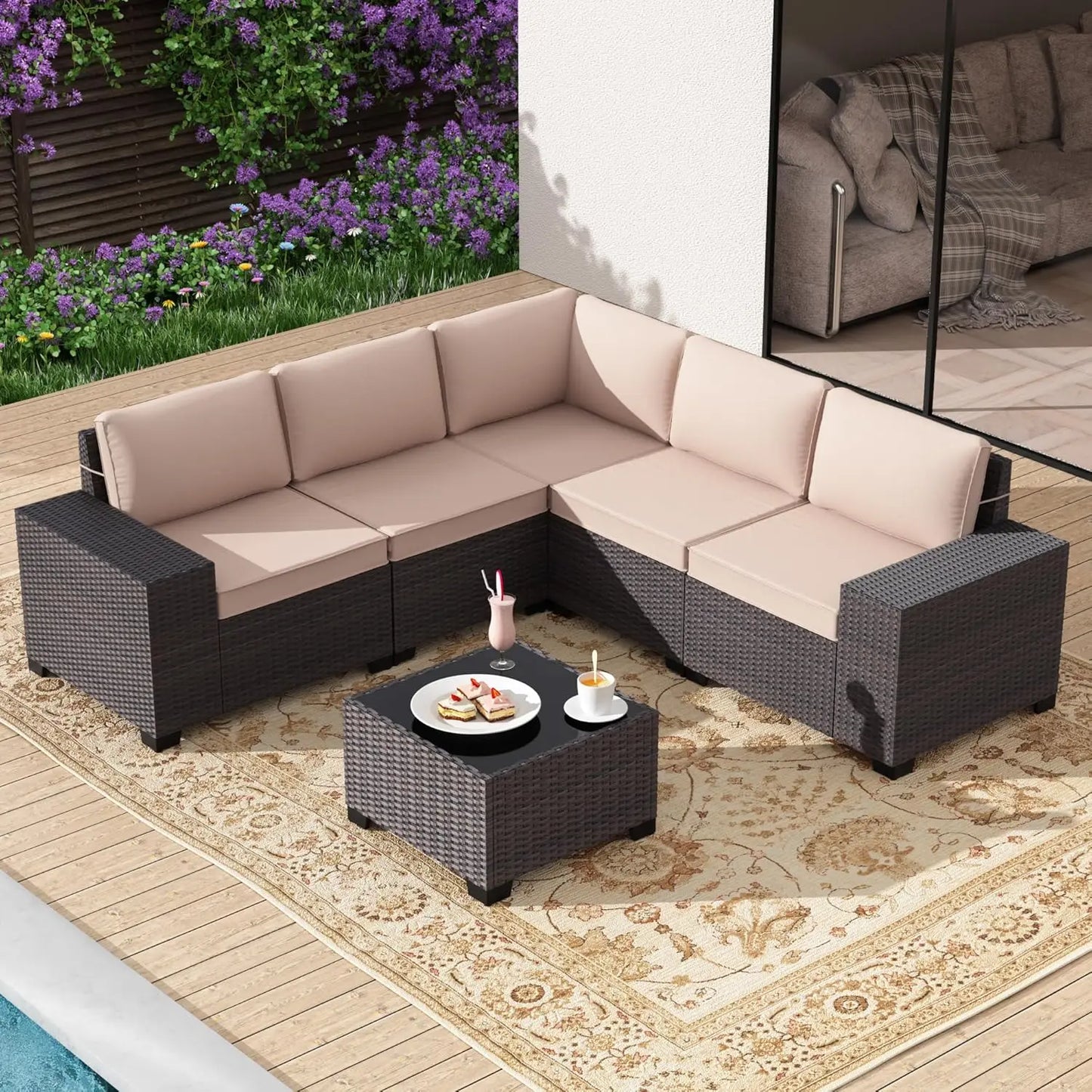 Rattan Patio Furniture Set Outdoor Sectional With Wide Armrests