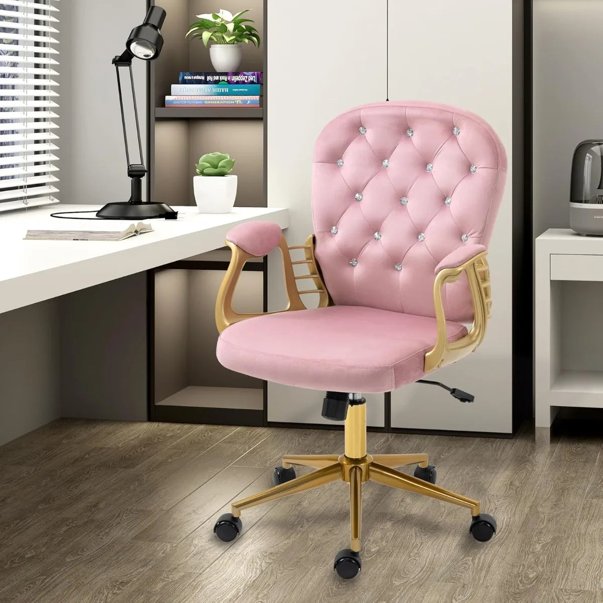 Aplus Velvet Office Chair With Metal Legs Tufted Arms Swivel