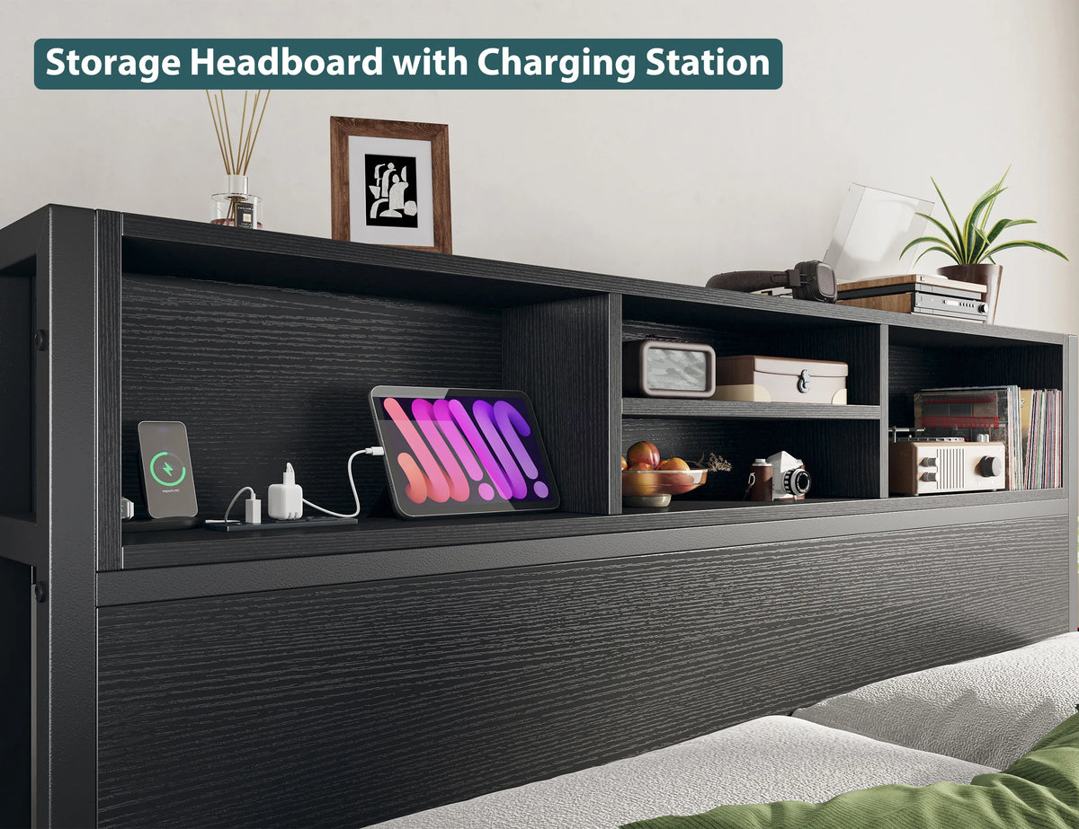 EnHomee Metal Bed Frame With Storage Drawers And Charging Station
