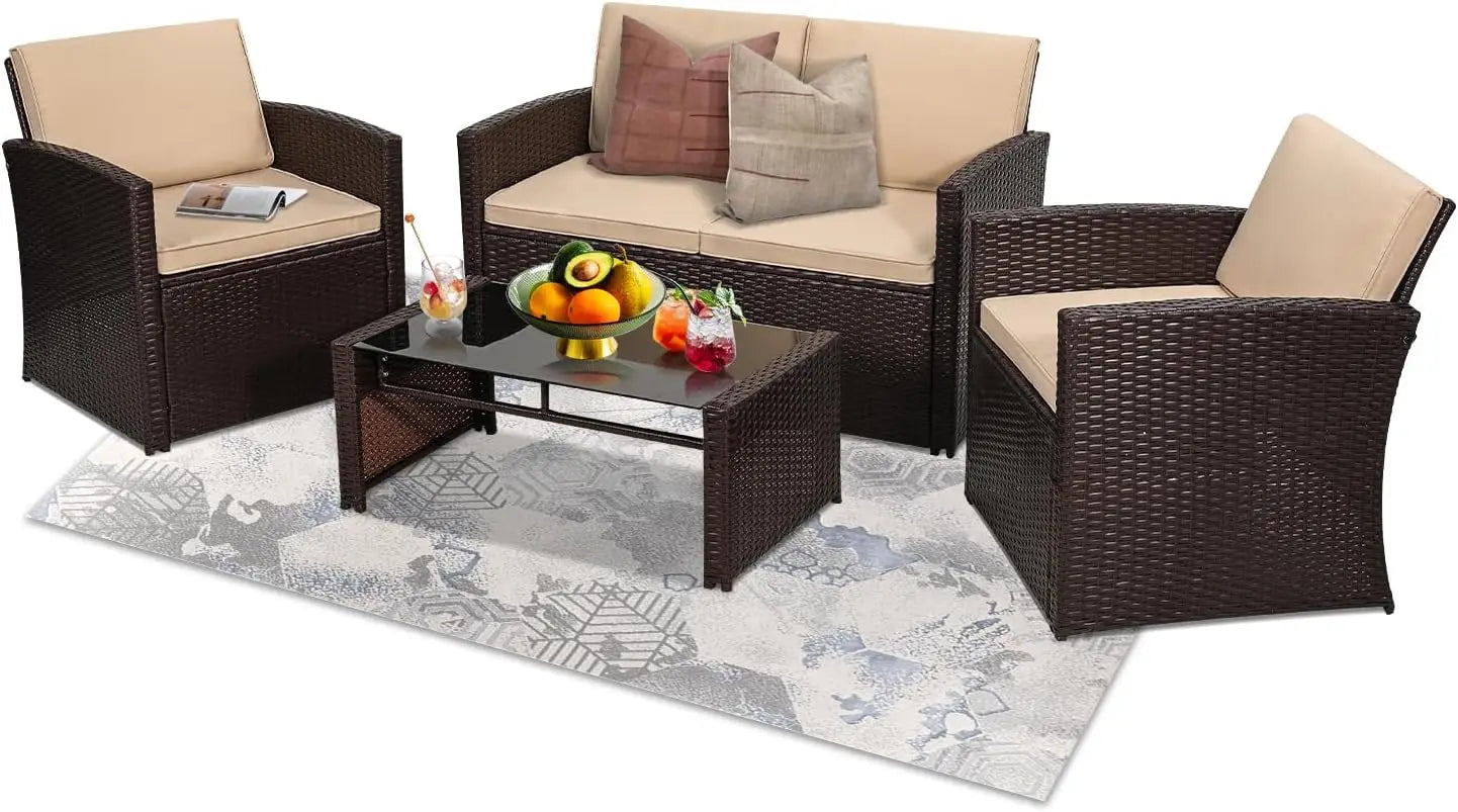 Outdoor 4 Piece Patio Conversation Set Rattan Sectional Sofa Cushioned