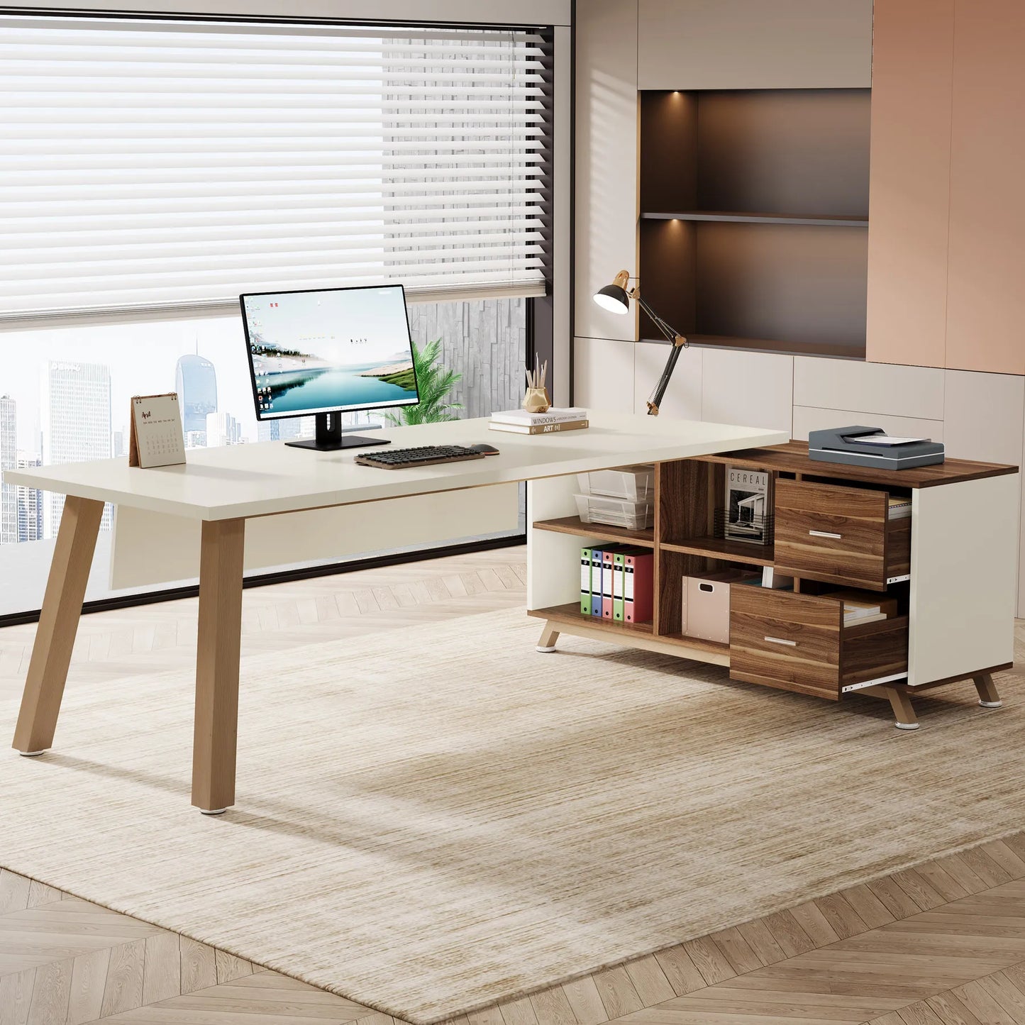 Tribesigns Executive L Shaped Desk With Cabinet And Shelves