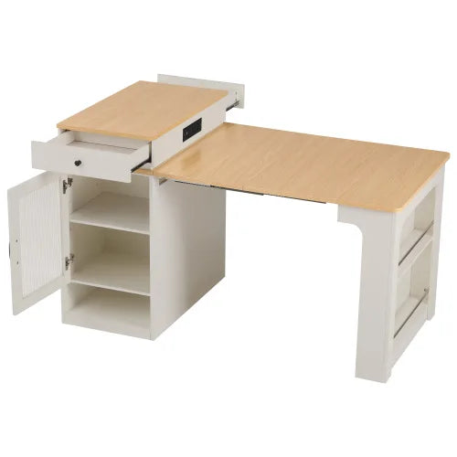 Kitchen Island With Extendable Table And Two Drawers With Outlet