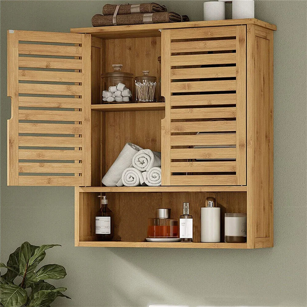 Natural Bamboo Wall Mounted Bathroom Cabinet 3 Tier Storage Shelf