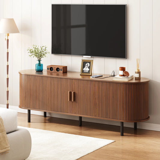 TV Stand With Power Outlet And Sliding Doors Storage
