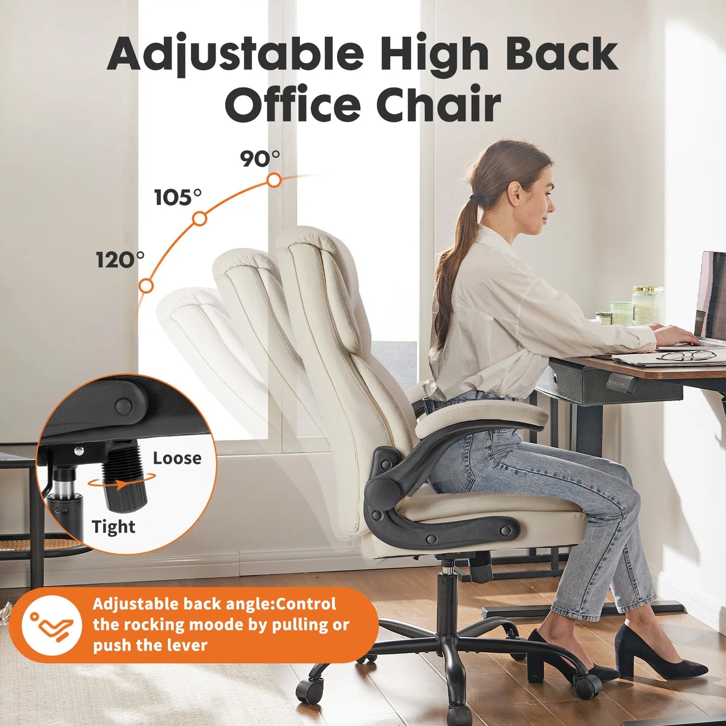 JHK Ergonomic Office Chair With FlipUp Arms And PU Leather