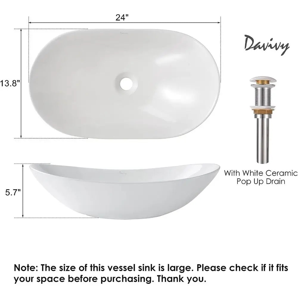 Ceramic Oval Vessel Sink With Pop-Up Drain For Above-Counter Bathroom