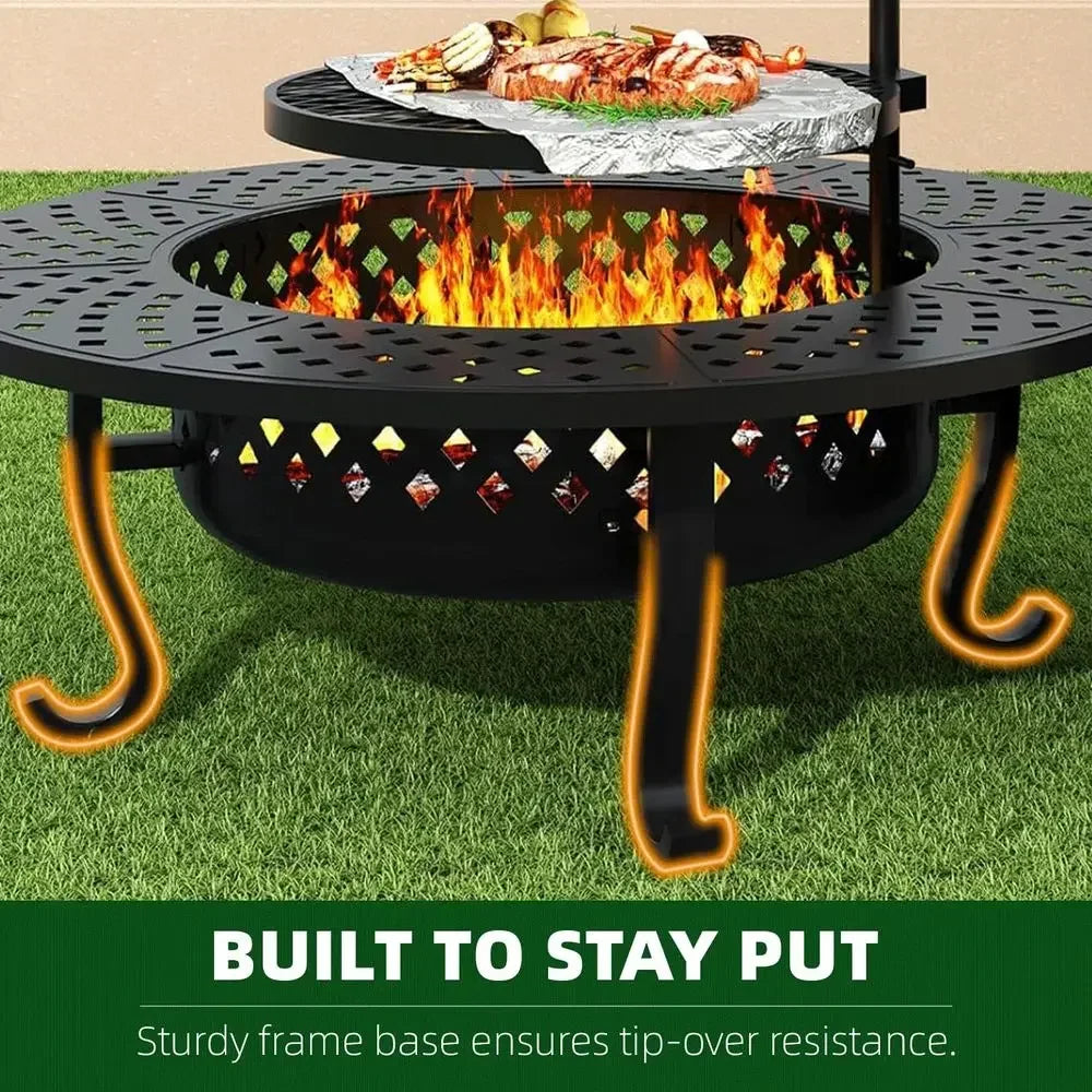 Outdoor Wood Burning Fire Pit With Two Grill Grates