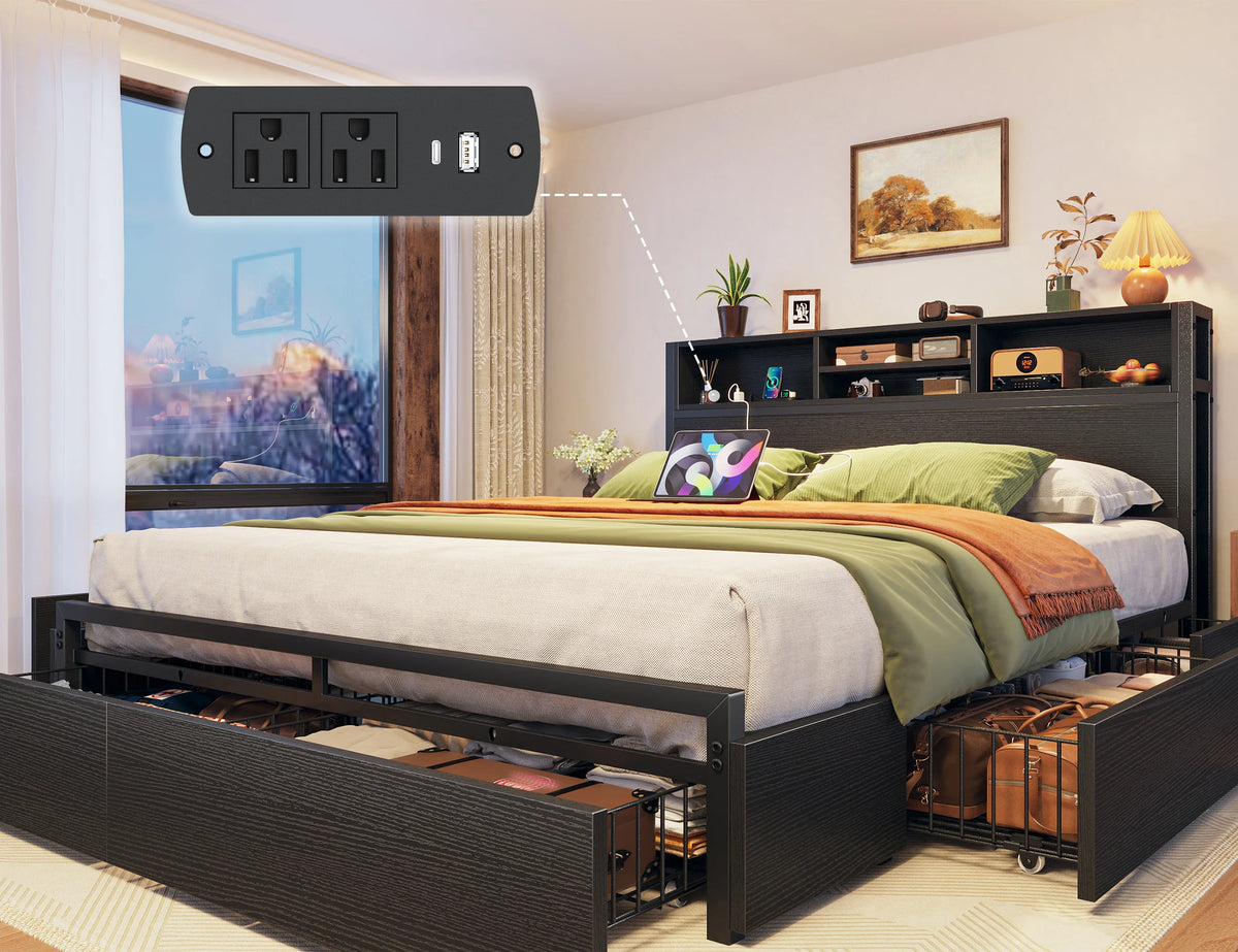 EnHomee Metal Bed Frame With Storage Drawers And Charging Station