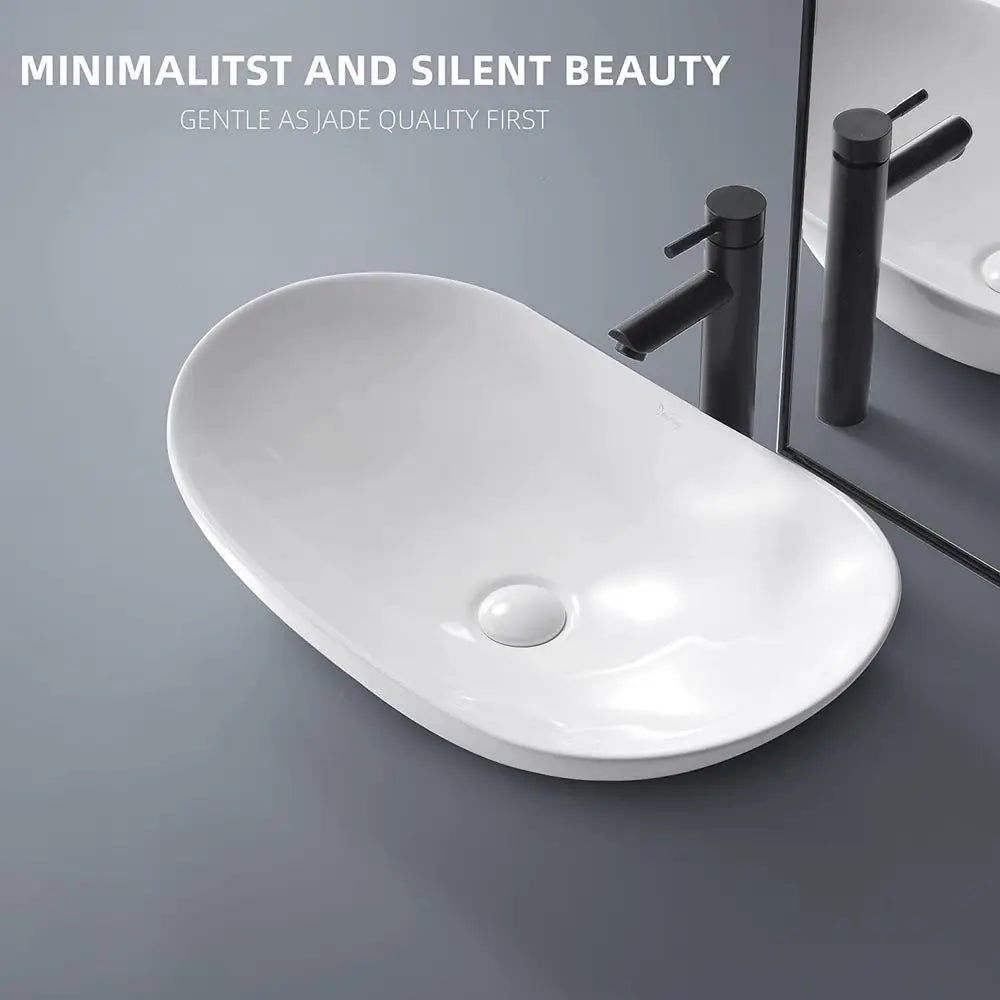 Ceramic Oval Vessel Sink With Pop-Up Drain For Above-Counter Bathroom