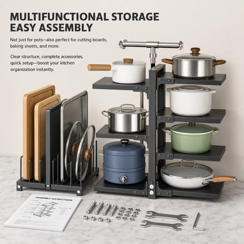Adjustable Stainless Steel Kitchen Storage Rack Organizer for Pots and Pans