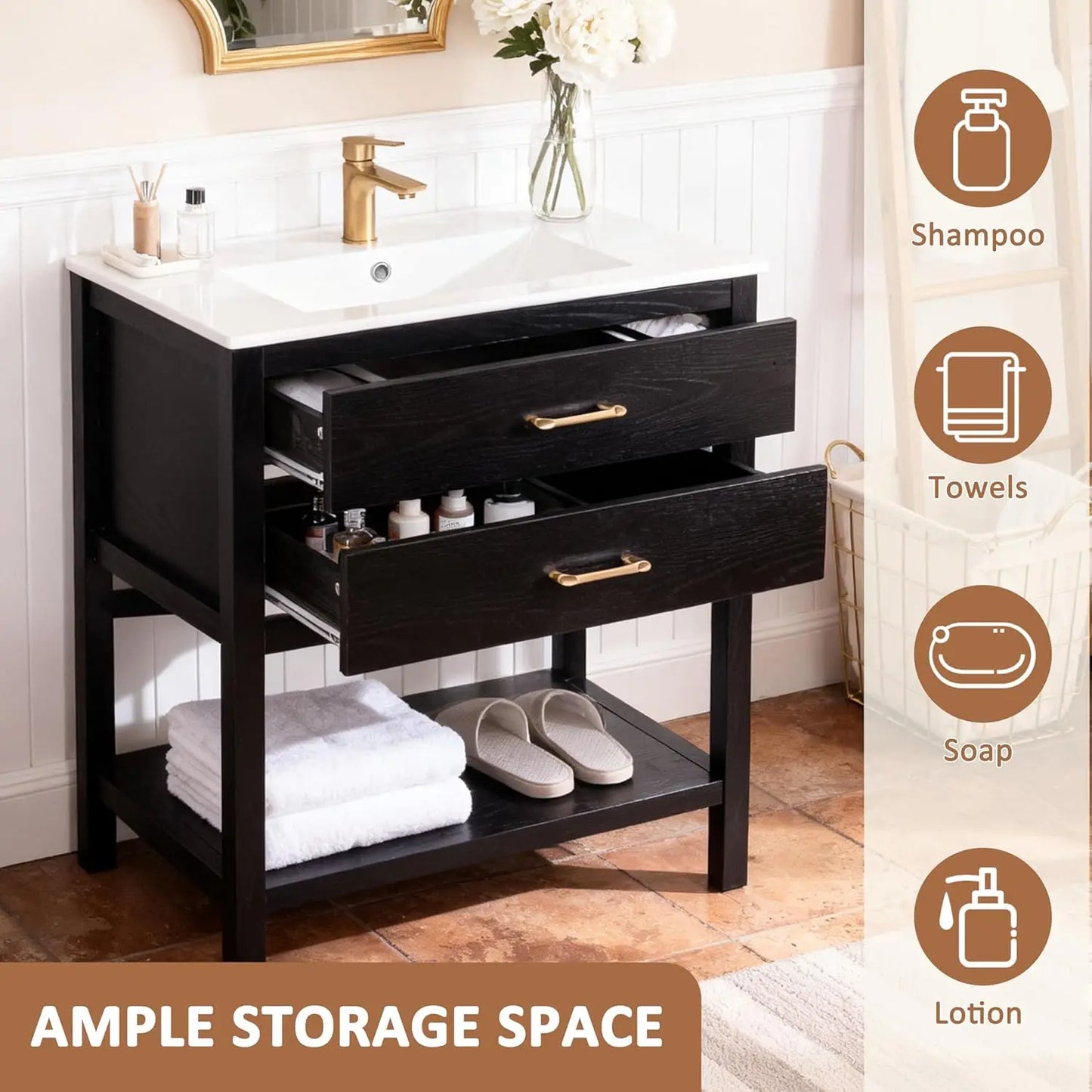 Farmhouse Freestanding Bathroom Vanity With Sink Oak Cabinet Drawers