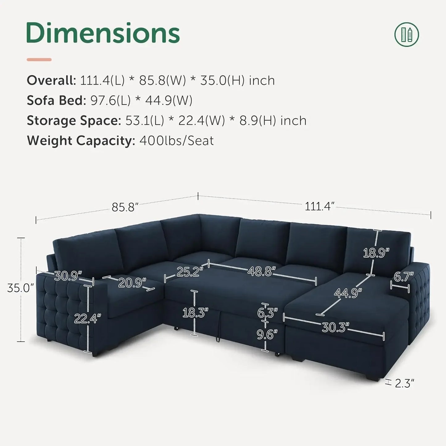 U Shape Sectional Sleeper Sofa With Storage Chaise